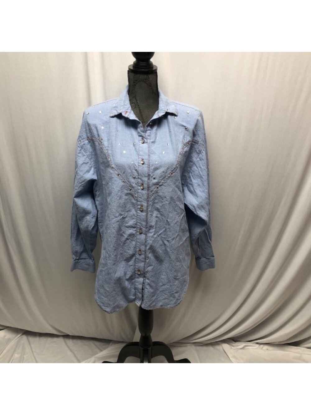 Ann Michael Shirt Womens Size Medium Light Blue Button Up Rhinestone Cotton 80s